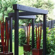 Stunning side entrance comprising coloured pergola with glazed terracotta pots containing bamboo for visual stimulation.  Hedging planted on the fence line to create privacy.